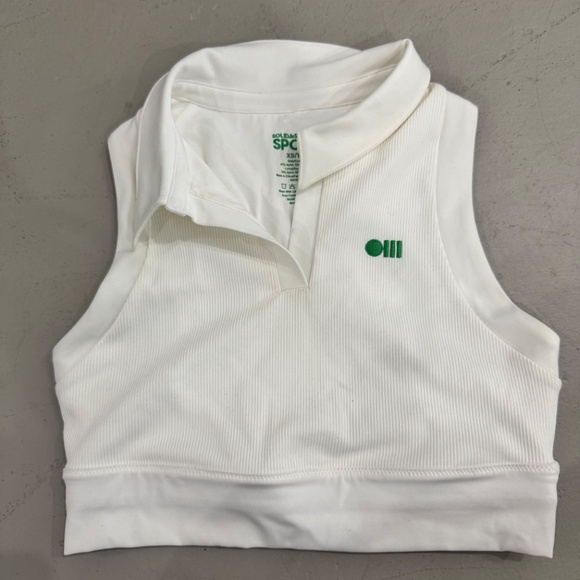 Solid & Striped Long Lined Sports Bra White/Green Collared - Picture 2 of 4